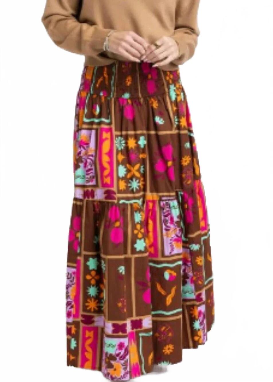 NEW KARLIE women's floral frame tier smock maxi skirt in brown multi